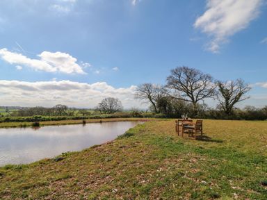 An outdoor setting with a pond wooden table and chairs on grass near leafless trees at Buzzards in Morchard Bishop