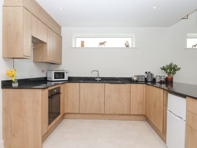 A kitchen with wooden cabinets black countertops a built in oven microwave kettle toaster and small fridge at Narracott Down South Molton