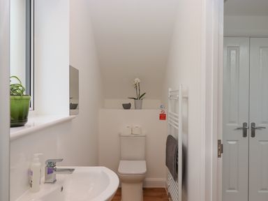 A bathroom with a toilet sink towel rack plant and double doors at Narracott Down in South Molton