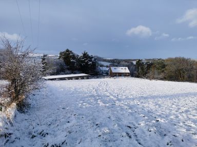 A snow-covered field with a house and trees in the background at Narracott Down in South Molton
