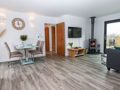 A dining area with a glass table and four chairs next to a living space with a TV mounted on the wall and a wood burning stove at Strawberry Bank - Nuthatch in Pyworthy near Bridgerule