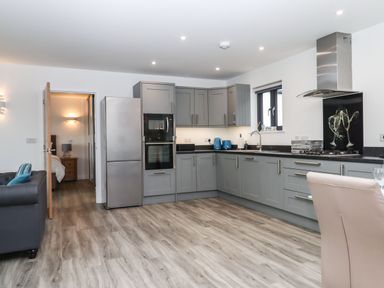 A kitchen with grey cabinets stainless steel appliances and a doorway leading to a bedroom at Strawberry Bank - Nuthatch in Pyworthy near Bridgerule