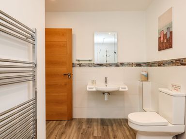 A bathroom with a wooden door a wall-mounted sink a toilet and a towel radiator at Strawberry Bank - Nuthatch in Pyworthy near Bridgerule