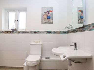 A bathroom with a toilet and sink under a window with a small boat decoration and a painting above at Strawberry Bank - Nuthatch in Pyworthy near Bridgerule