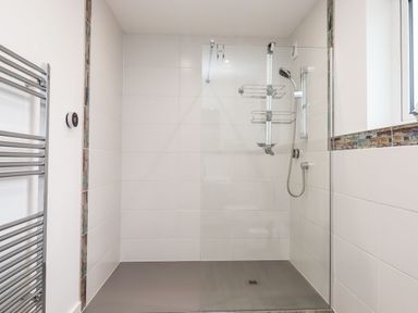 A walk-in shower with a handheld showerhead towel heater and window at Strawberry Bank - Nuthatch in Pyworthy near Bridgerule