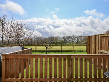 A wooden fenced garden with grass and trees in the background at Strawberry Bank - Nuthatch in Pyworthy near Bridgerule