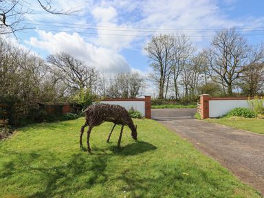A driveway with a grass lawn and a sculpture of an animal grazing by a gated entrance at Strawberry Bank - Nuthatch in Pyworthy near Bridgerule