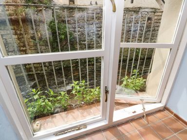 A small balcony with plants outside a white-framed window overlooking a stone wall and water at Riverdance Cottage in Lyme Regis