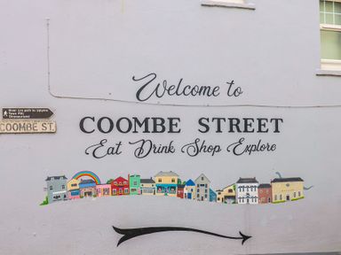 A welcome sign for Coombe Street with street art at Riverdance Cottage in Lyme Regis