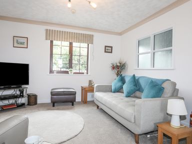 A living room with a gray sofa and blue cushions a television and a window at Cae Ffynnon Star near Gaerwen