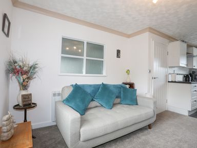 A living room with a grey sofa and blue cushions near a small table with a flower arrangement at Cae Ffynnon Star near Gaerwen