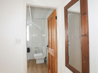 A small bathroom with a toilet wooden door and a mirror on the wall at Ty Eiddew Ivy House Llanystumdwy near Criccieth