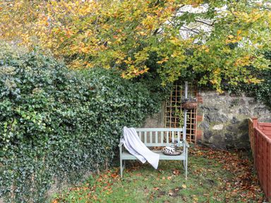 A garden bench with a blanket and tray in a grassy area near a stone wall covered with ivy and trees at Ty Eiddew Ivy House in Llanystumdwy near Criccieth