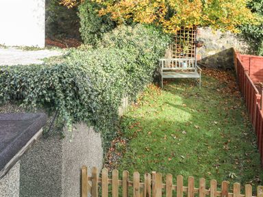 A small fenced garden with a wooden bench green grass and ivy on a wall at Ty Eiddew Ivy House in Llanystumdwy near Criccieth