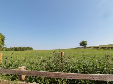 A green field with a wooden fence and barbed wire under a clear sky at 9 Station Cottages in Belford