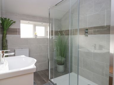 A bathroom with a shower enclosure sink toilet and potted plants at Crag View Cottage Stainton with Adgarley near Dalton-In-Furness
