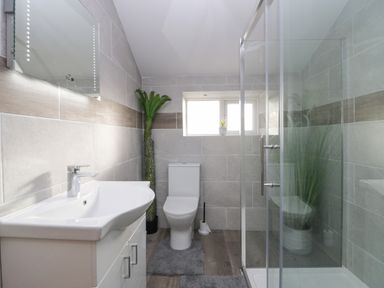 A bathroom with a sink toilet shower and plants at Crag View Cottage in Stainton with Adgarley near Dalton-In-Furness