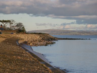A rocky shoreline with a concrete sea wall and a road with cars near the coast