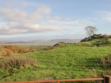 A grassy hillside with a tree on rocks under a partly cloudy sky at Crag View Cottage in Stainton with Adgarley near Dalton-In-Furness