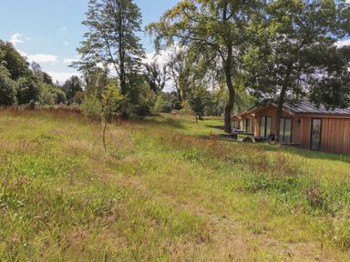 A grassy field with trees and wooden cabins in the background at Corning Mill View in Haverthwaite