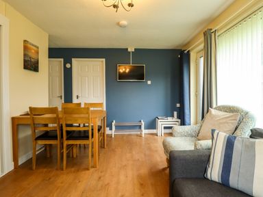 A dining area with a wooden table and chairs a blue wall with a mounted TV two white doors an armchair with cushions and large window blinds at 8 Royal Chalet Park in Mundesley