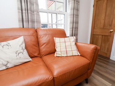 A brown leather sofa with two pillows in front of a window with plaid curtains and a wooden door in a room at Braeside in Fylingthorpe