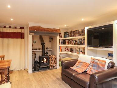 A living room with a brown leather sofa, a wood burning stove with stacked logs, bookshelves, and a television at Lime Court Barn in Sheepwash