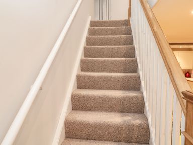 A carpeted staircase with white walls and wooden handrail at Lime Court Barn in Sheepwash