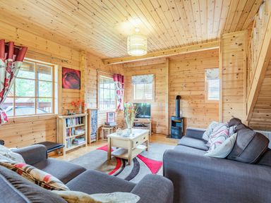 A wooden living room with grey sofas a coffee table a TV a small stove and red curtains at Robin Lodge in Llanbedr
