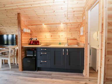 A kitchen area with black cabinets, a sink, a red kettle, a toaster, a microwave, and a small fridge at Cleugh Lodge in Lockerbie