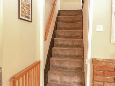 A carpeted staircase with a wooden handrail and a baby gate at the bottom at Cosy Cottage in Bawdeswell