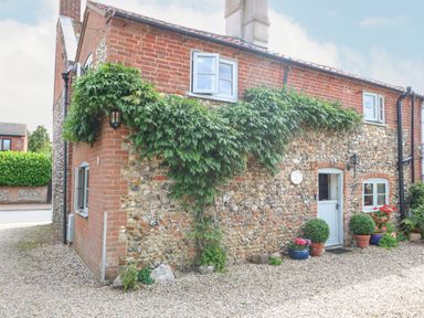 Exterior of a stone and brick house with plants and pots near the door at Cosy Cottage in Bawdeswell
