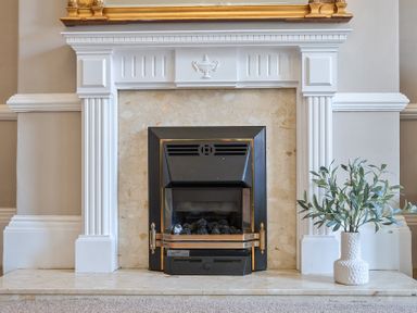A white fireplace with a black and brass fire insert and a white vase with green plant at Bridlington Bay House Bridlington