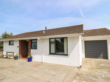 A single story house with a tiled roof a garage and potted plants on a paved area at Bryn Alaw Newport Pembrokeshire