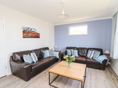 A living room with two brown leather sofas a wooden coffee table with flowers and a blue accent wall at Bryn Alaw Newport Pembrokeshire