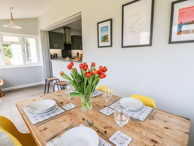 A dining table set with plates glasses and cutlery with a vase of red tulips in a dining room at Bryn Alaw in Newport Pembrokeshire