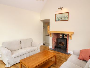 A living room with two beige couches a wooden coffee table and a fireplace with a wood-burning stove at Ballycahane in Castletownshend County Cork