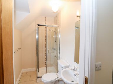 A small bathroom with a toilet sink and glass shower enclosure at Ballycahane in Castletownshend County Cork