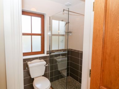 A bathroom with a toilet a glass shower enclosure and a window at Ballycahane in Castletownshend County Cork