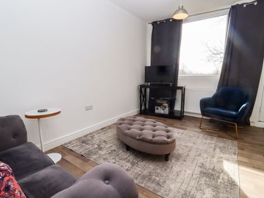 A living room with a gray sofa a blue armchair a gray ottoman a small round table a television on a black stand and gray curtains at Stillness in Blandford Forum