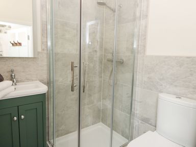 A bathroom with a glass shower enclosure a green vanity with a sink and a toilet at Dyffryn Cottage in Aberporth