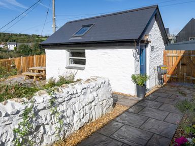 A small white stone cottage with a black roof and a blue door next to a wooden fence and a stone pathway at Dyffryn Cottage in Aberporth