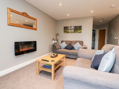 A living room with two grey sofas a wooden coffee table a wall-mounted electric fireplace and a mirror at Beech Lodge in Goosnargh