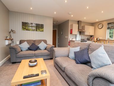 A living room with two grey sofas and a wooden coffee table adjacent to a kitchen at Beech Lodge in Goosnargh