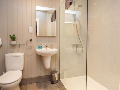 A bathroom with a toilet sink mirror glass shower and small plant at Beech Lodge in Goosnargh