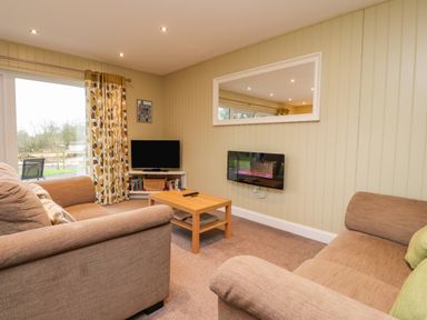A living room with two sofas a wall-mounted electric fireplace a coffee table and a TV on a stand at Oak Lodge in Goosnargh