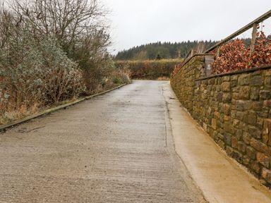 A concrete driveway with a stone wall on the right and bushes on the left at Oak Lodge in Goosnargh
