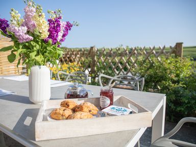 An outdoor table with a vase of flowers a tray with scones jam clotted cream and a teapot at Newquay Tamarisk Lodge on the Gannel in Newquay