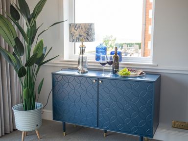 A blue cabinet with a lamp wine bottle two glasses grapes and cheese next to a tall plant by a window at Newquay Tamarisk Lodge on the Gannel in Newquay