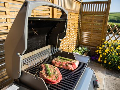An outdoor grill with two pieces of seasoned meat and herbs cooking near wooden fencing and yellow flowers at Newquay Tamarisk Lodge on the Gannel in Newquay